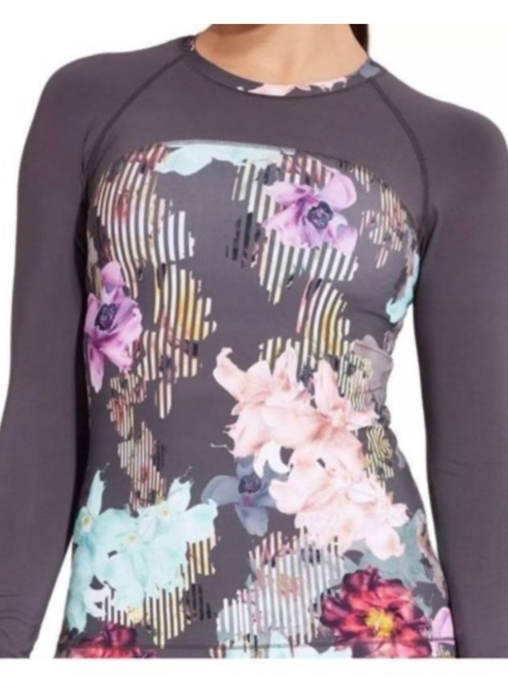 CALIA by Carrie Underwood Black Floral Panel Long-Sleeve Active Tee size S